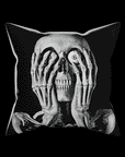 Image showing the front and back of Skeleton Peekaboo Pillow.  The front shows a skeleton with its hands covering his face.  The back shows the skeleton's diabolical face!  Black and white artwork on a 16x16 faux suede pillow.  The perfect spooky horror, goth decor gift from Muahaha!