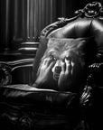 Werewolf Peekaboo pillow by Muahaha!  Black and white photo of the 16x16 faux suede pillow showing a Werewolf's face resting on an antique arm chair in a victorian mansion.  The perfect Halloween gift!