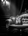 Skeleton Peekaboo pillow by Muahaha!  Black and white photo of the 16x16 faux suede pillow showing a sWerewolf's face resting on an antique couch in a victorian mansion.  The perfect spooky gift!
