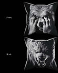 Image showing the front and back of Werewolf Peekaboo Pillow.  The front shows a Werewolf with its hands covering his face.  The back shows the skeleton's diabolical face!  Black and white artwork on a 16x16 faux suede pillow.  The perfect spooky horror, goth decor gift from Muahaha!