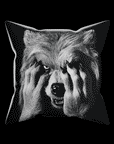 A gif shows Werewolf Peekaboo Pillow animating from front to back.  On the front is a closeup of a Werewolf with its hands covering his face.  Flip the pillow to reveal the Werewolf's snarling face.  Black and white artwork on a 16x16 faux suede pillow.  The perfect spooky, Halloween gift!
