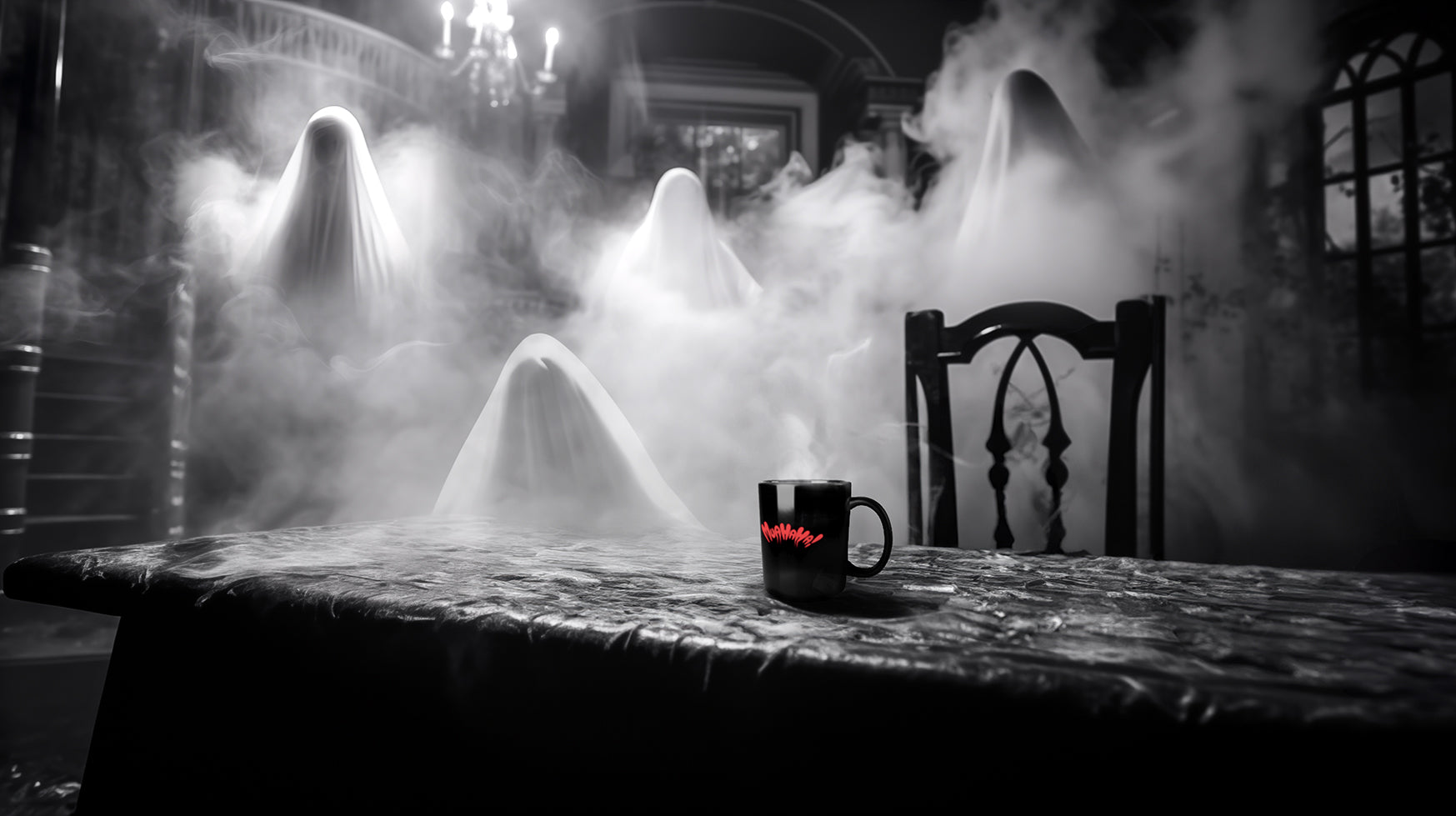 Ghosts materialize around a table in a haunted mansion.  In the foreground sits a Muahaha! branded mug.  Dreadful decor for your inner ghoul all year round!