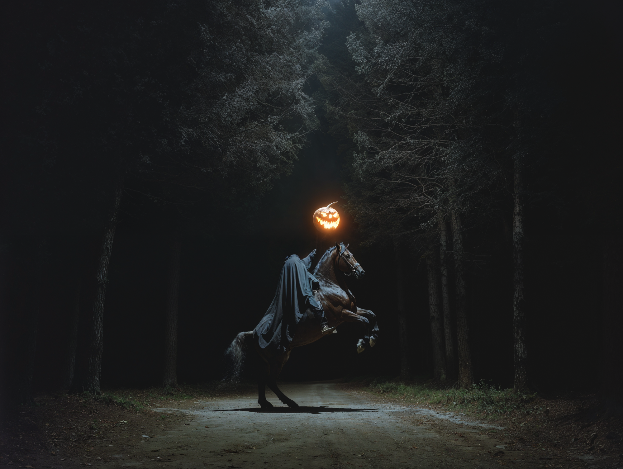 The headless horseman rearing up in the moonlight