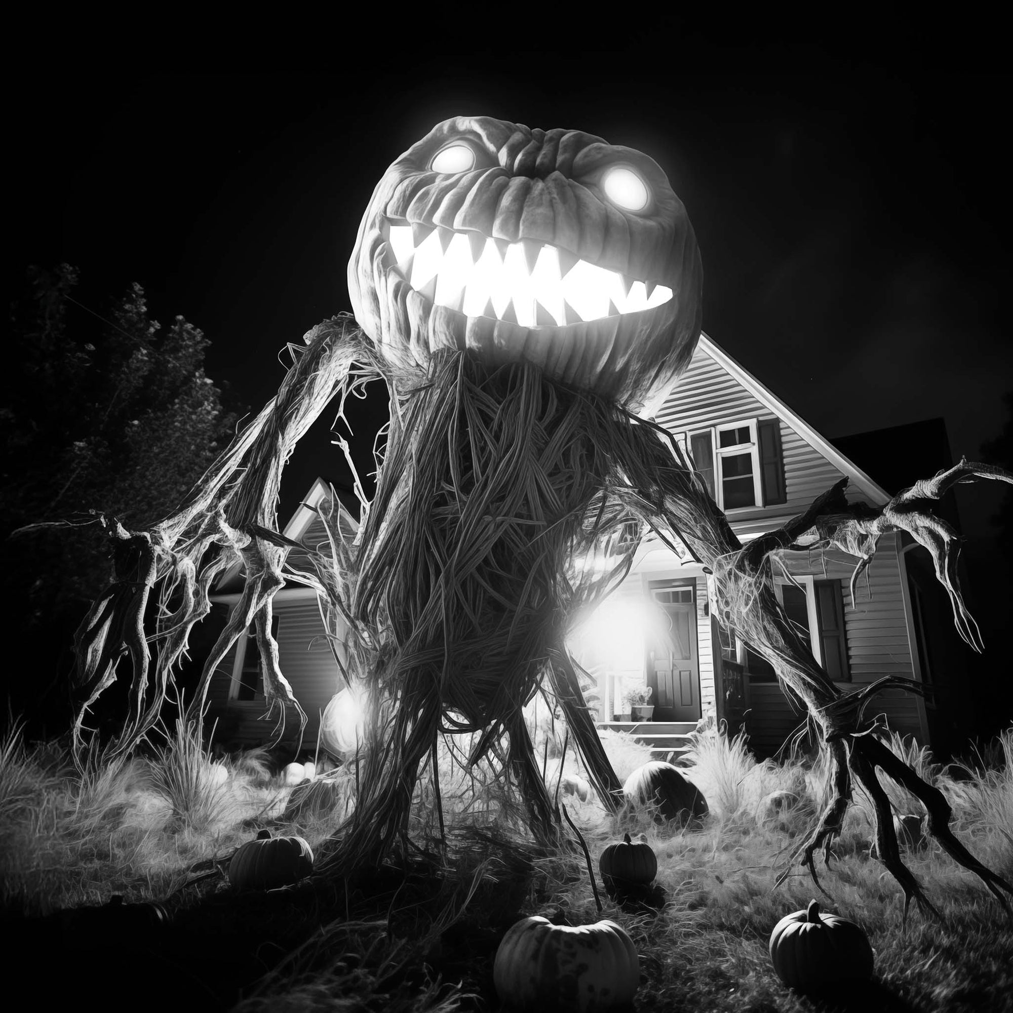 A towering Jack-O'-Lantern monster lurks in front of a suburban house on Halloween.  Monster Flesh Jack O'Lantern Tough Phone Case is a scream.  Literally.