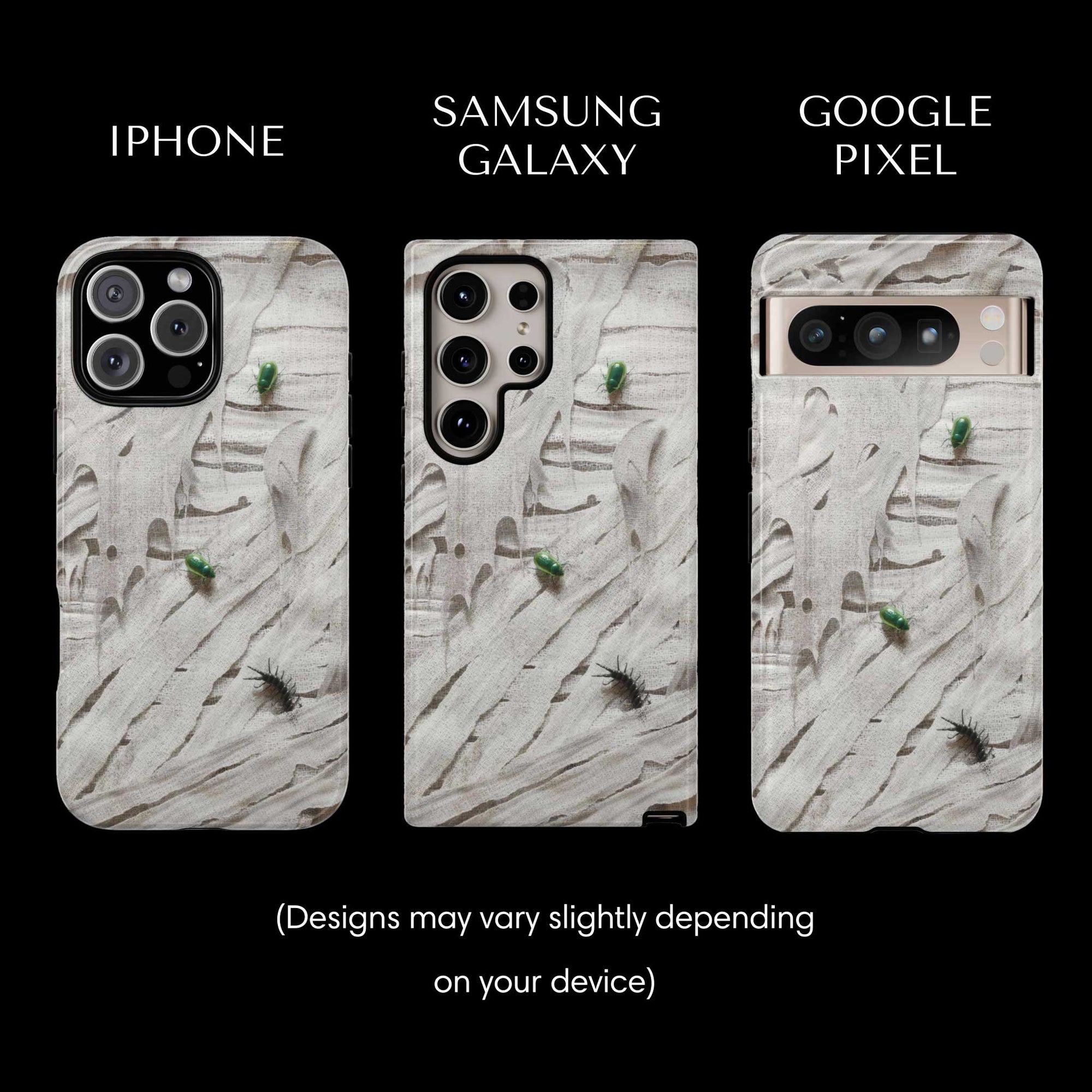 Mummy Monster Flesh Tough Phone cases from Muahaha!  Pictured: iPhone 16 Max, Samsung Galaxy S24 Ultra, Google Pixel 8 Pro.  Designs may vary slightly depending on your device.
