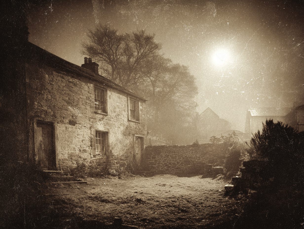 Haunting view of the Ancient Ram Inn under a moonlit sky with eerie shadows and spectral mist