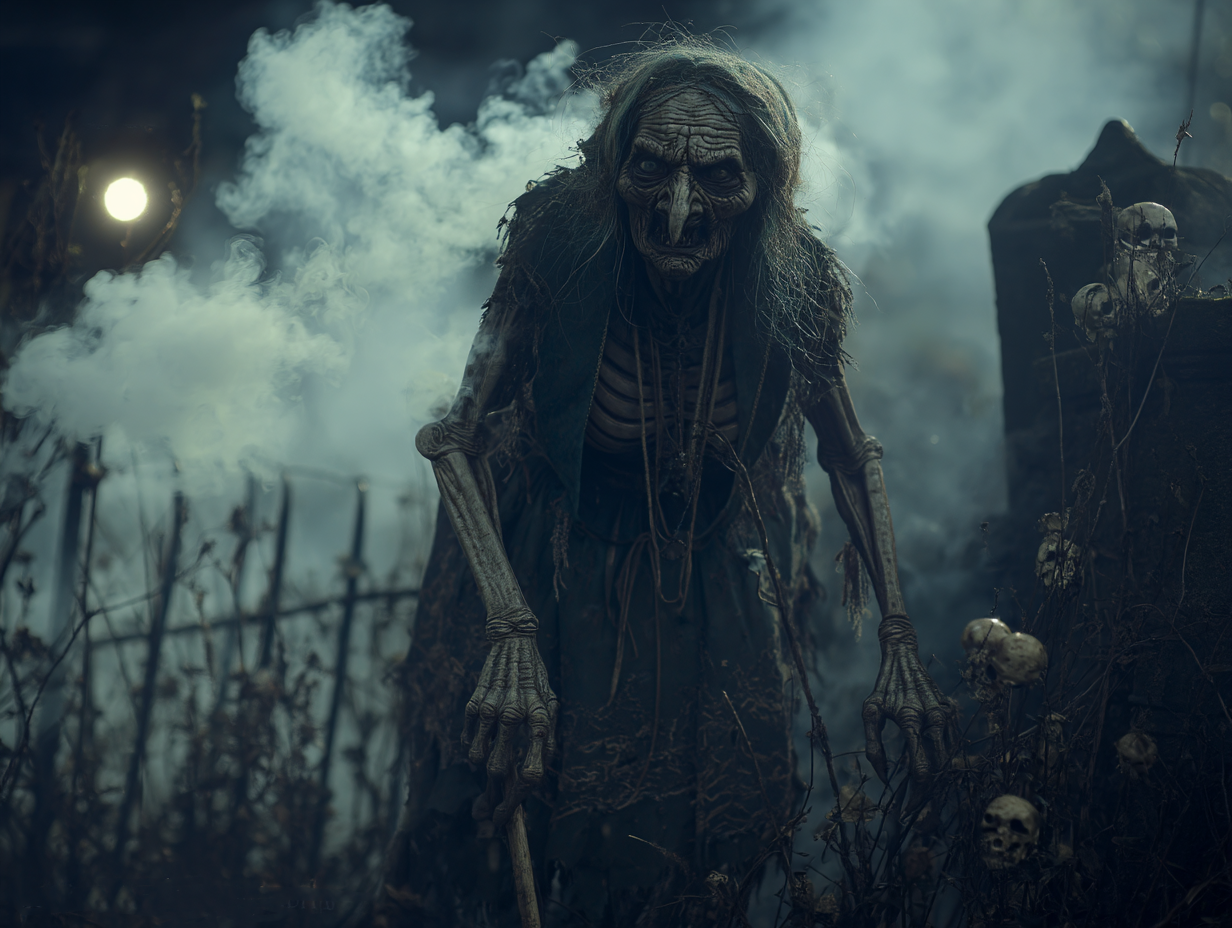 Baba Yaga in front of chicken-legged hut in mystical Slavic forest with glowing skull fence posts under full moon