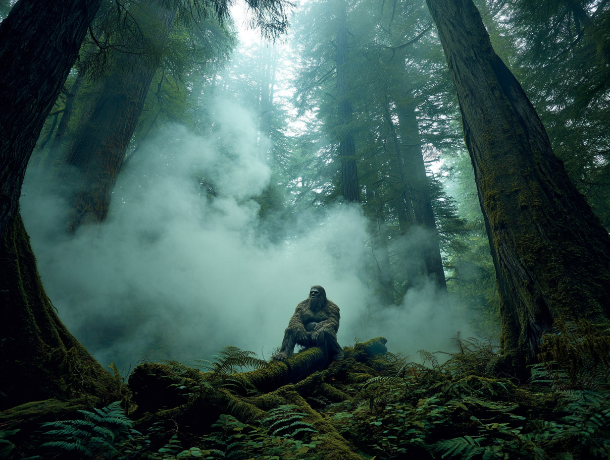 Bigfoot in stylish flannel sitting in misty forest clearing, surrounded by ancient trees and fog.