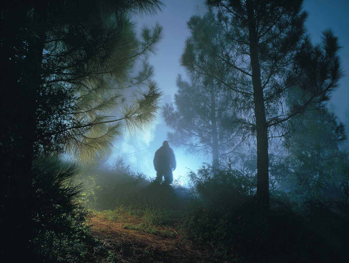 Mysterious Bigfoot silhouette in a dark misty forest with eerie moonlit shadows.