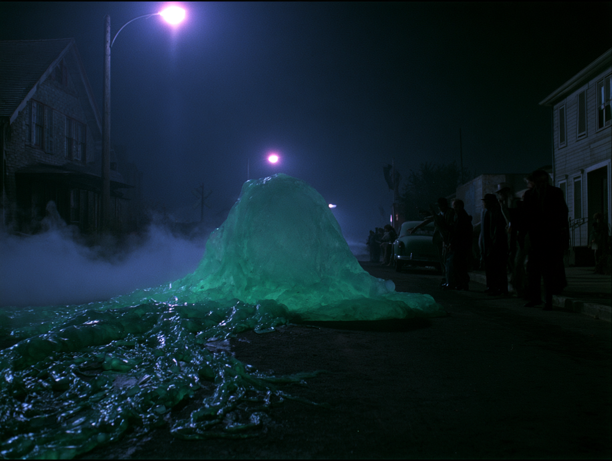 Gelatinous Blob monster oozing across a dark city street at night with glowing green slime