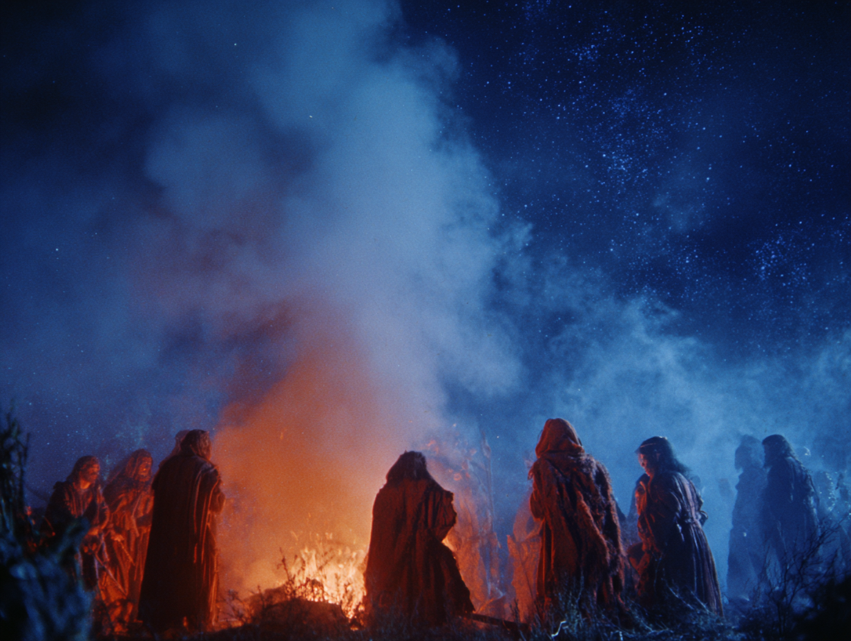 Celtic festival of Samhain with ancient Celts in traditional attire around a bonfire under a starry night sky, spirits in the background.