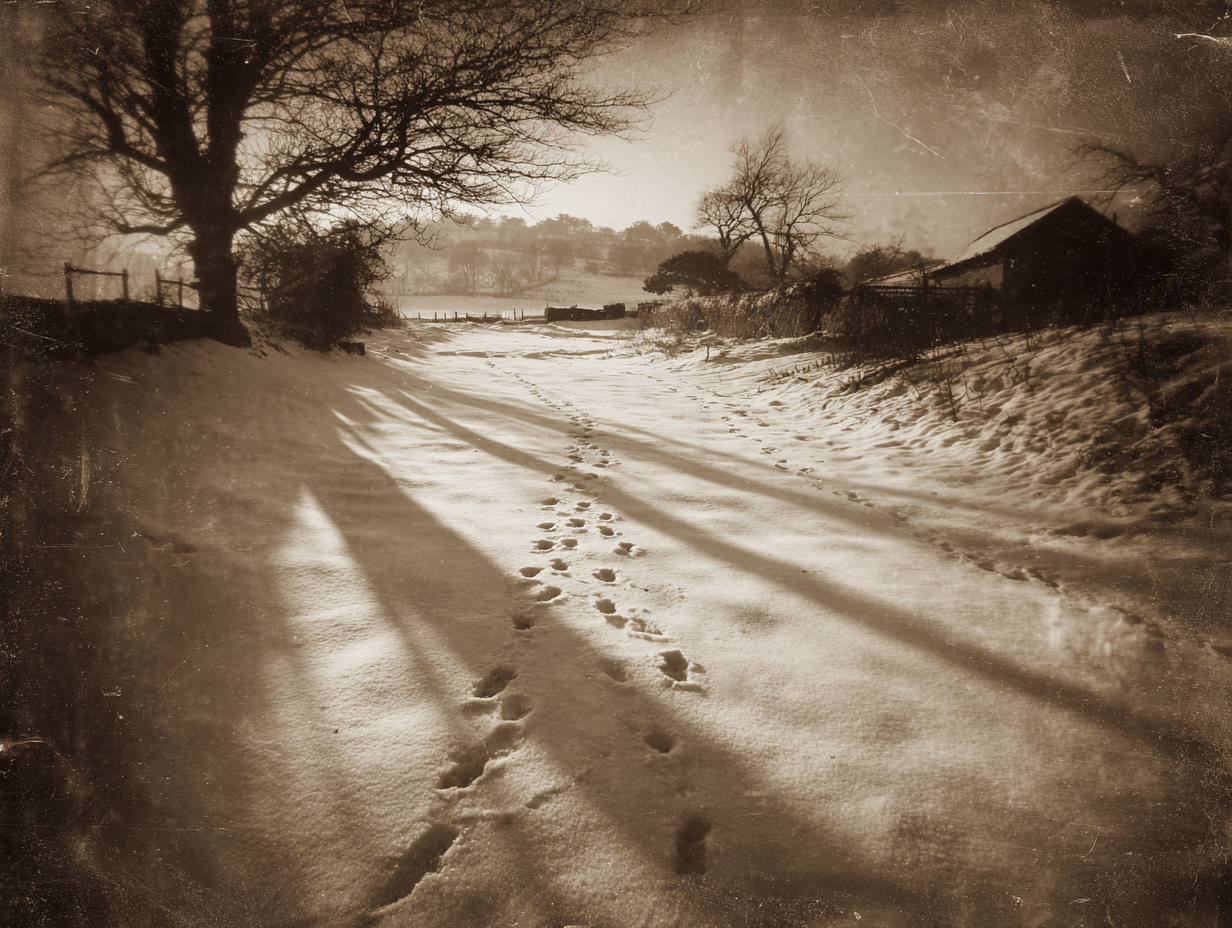 Mysterious hoof-like prints in snow across Devon countryside, 1855, eerie historical scene