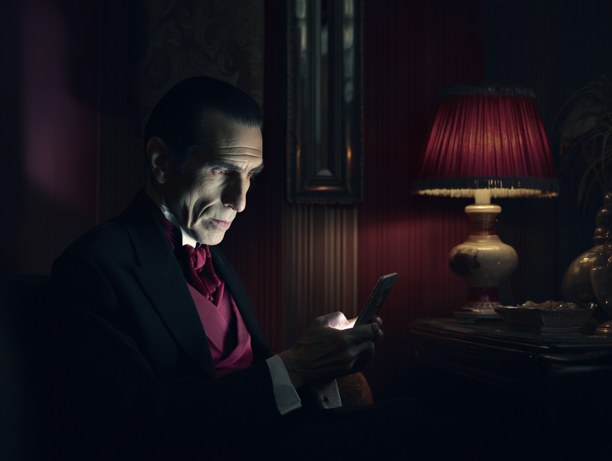 Dracula using a dating app in a modern setting, illuminated by smartphone glow, blending classic horror with technology.