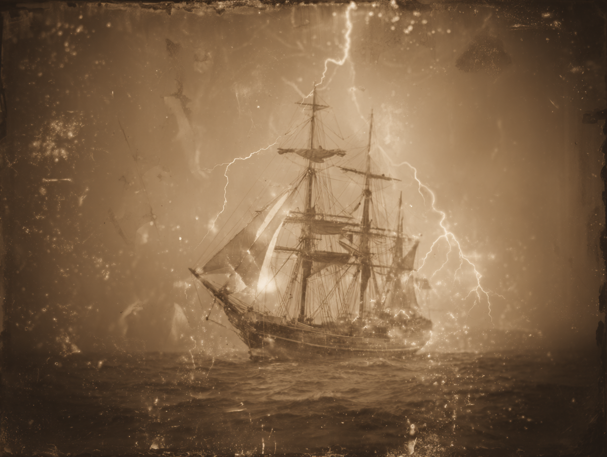 Ghostly ship with tattered sails in a stormy sea, resembling the legend of the Flying Dutchman