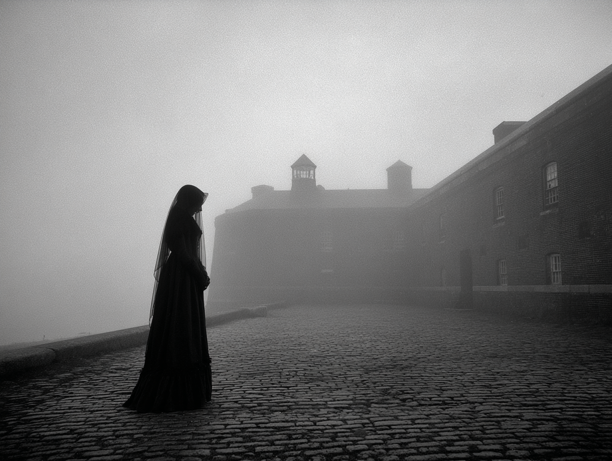 Haunting image of Fort Warren in mist with silhouette of Lady in Black ghost