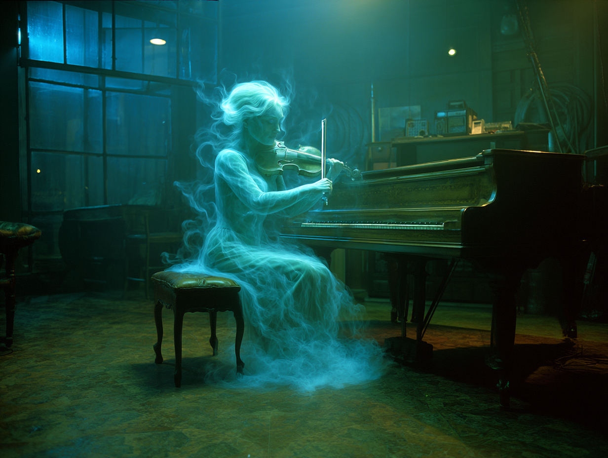 ghost woman playing a violin. The scene is set at night, with ghostly mist swirling around, creating an unsettling yet captivating ambiance.