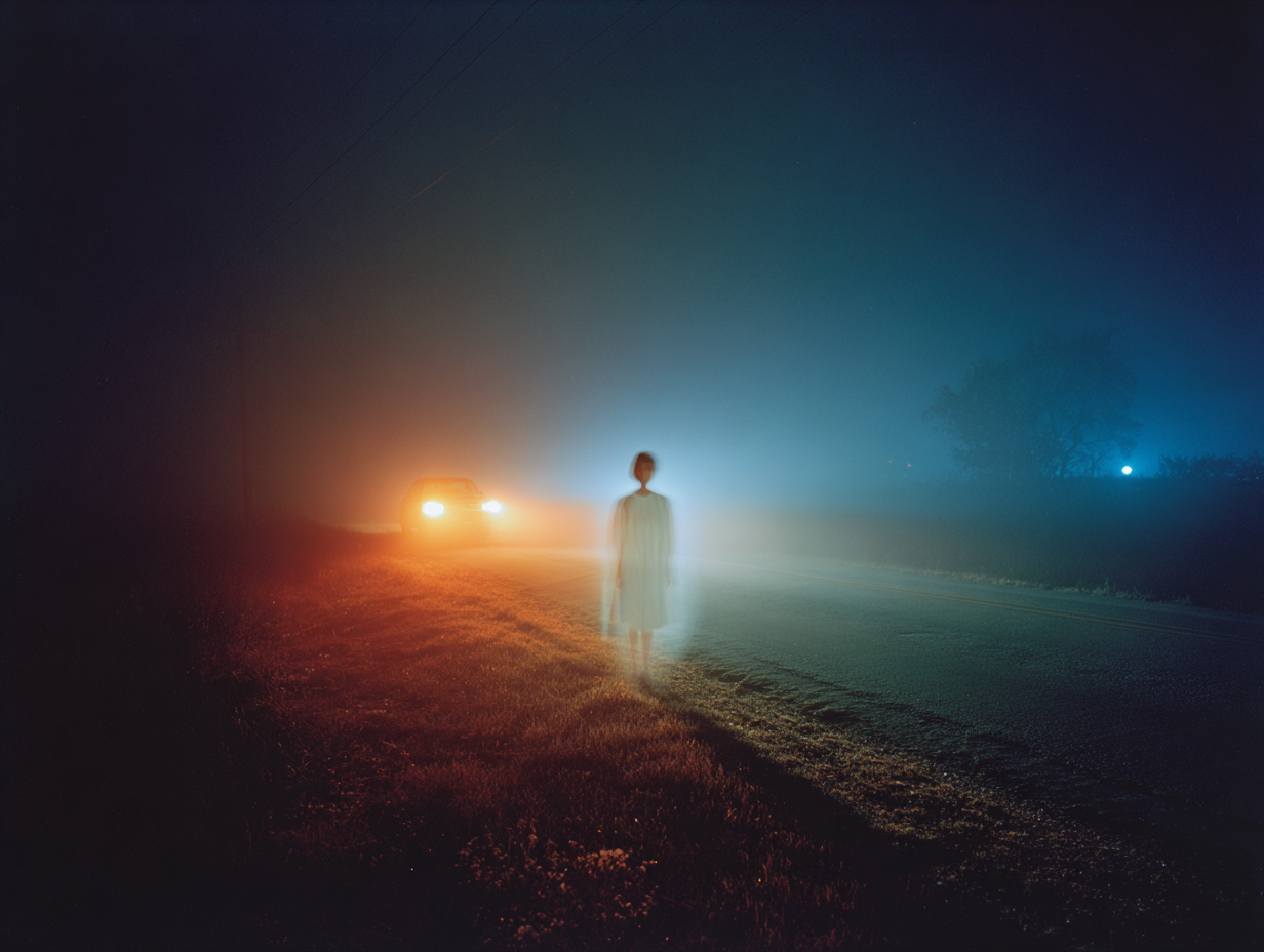 Ghostly hitchhiker on a foggy deserted road at night with car headlights approaching