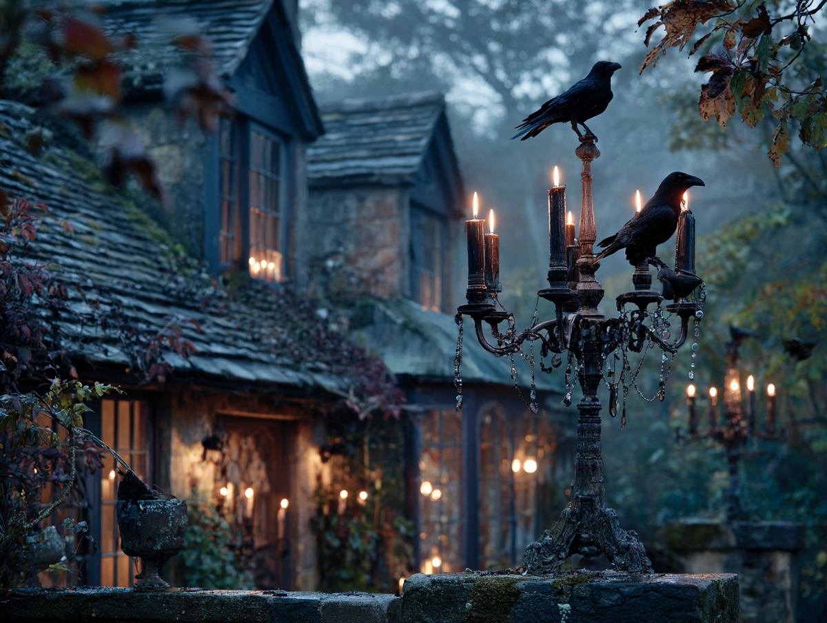 Gothic country cottage at twilight with ravens and candelabra