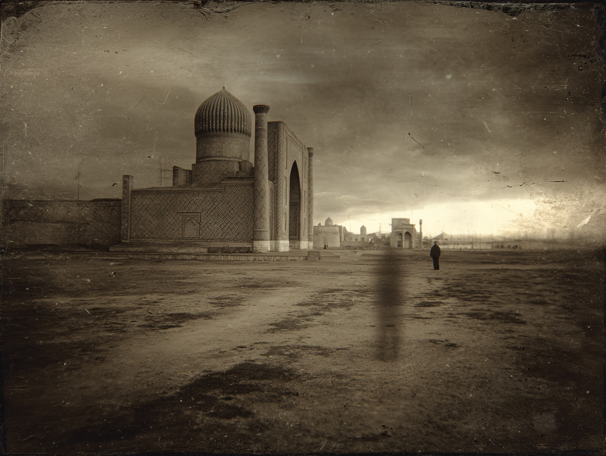 Eerie image of Gur-e-Amir mausoleum under stormy sky with ghostly figure of Tamerlane