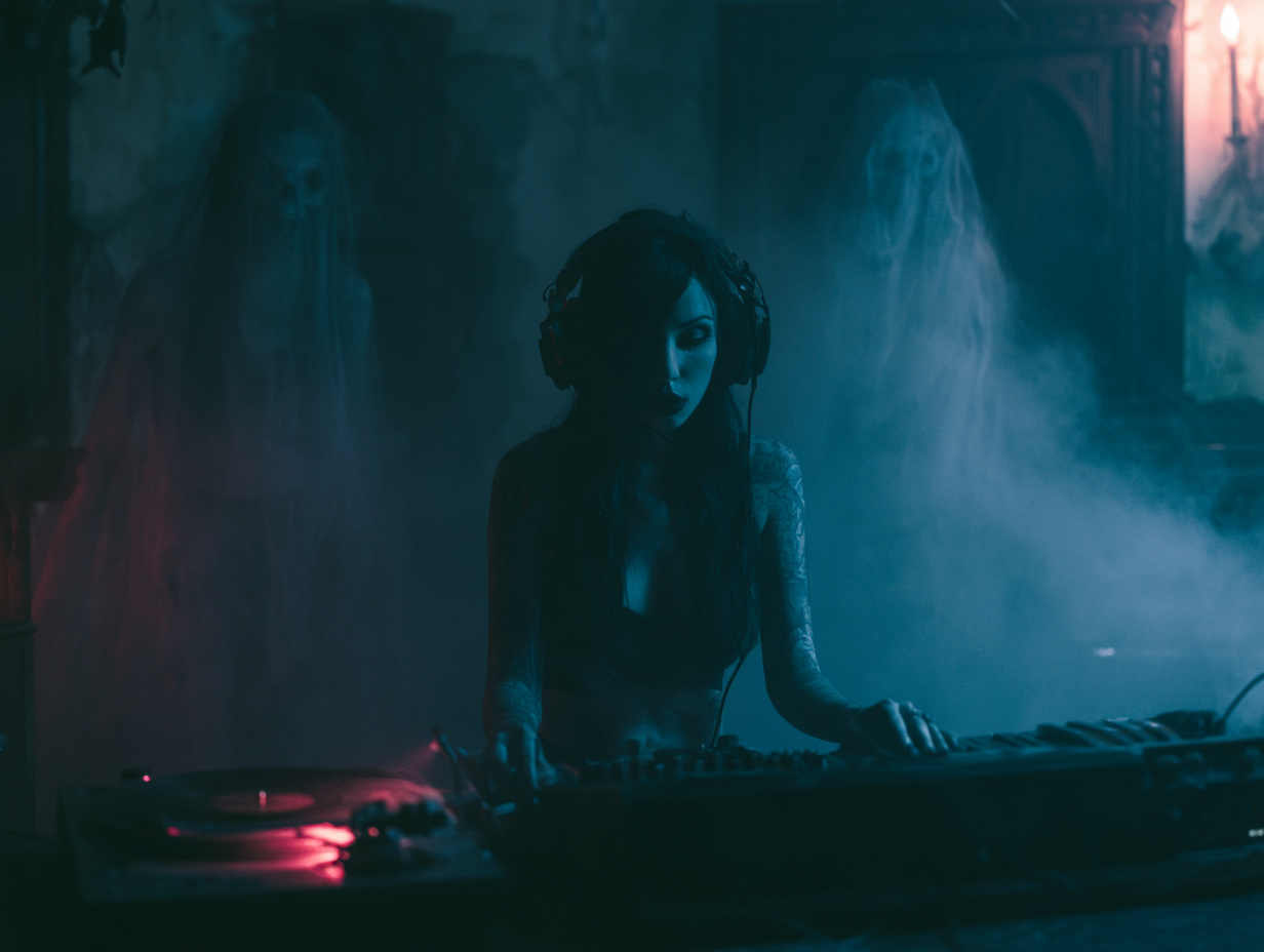 Haunted music studio with gothic witch girl listening to music with ghostly apparitions playing instruments, fog and shadows creating an eerie atmosphere.
