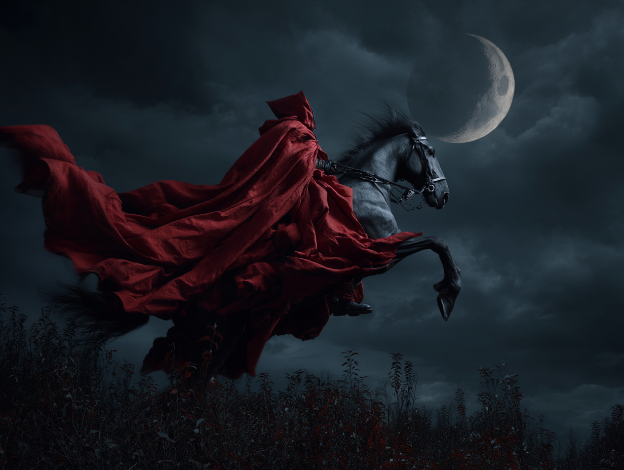 Headless Horseman posing on spectral steed under crescent moon in Sleepy Hollow, showcasing supernatural elegance.