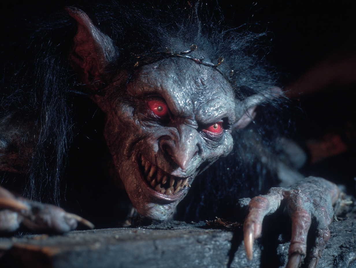 Kallikantzaros goblins emerging from the underworld in a mystical forest during the Twelve Days of Christmas.