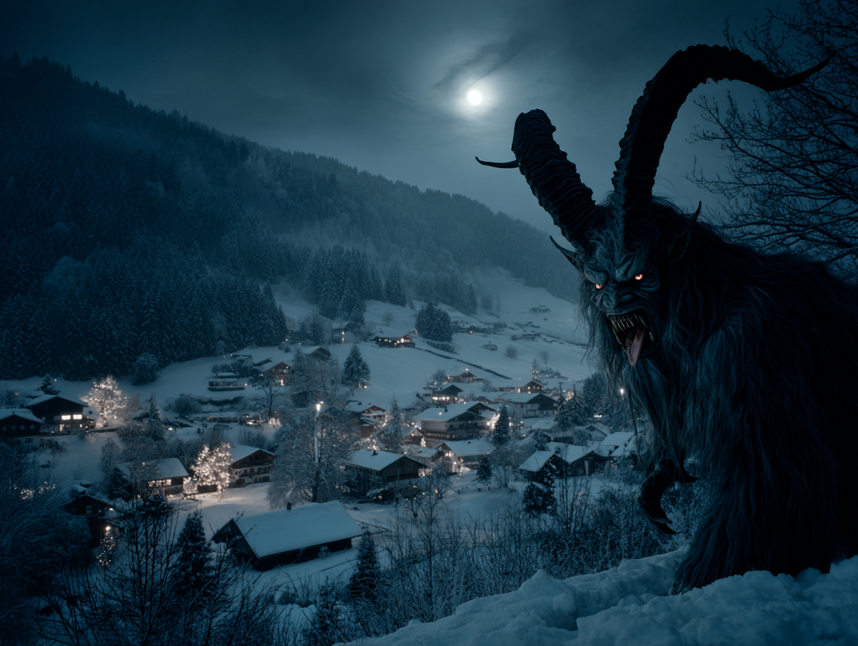 Terrifying Krampus figure in a snowy Alpine village with twisted horns and a long tongue under moonlight.
