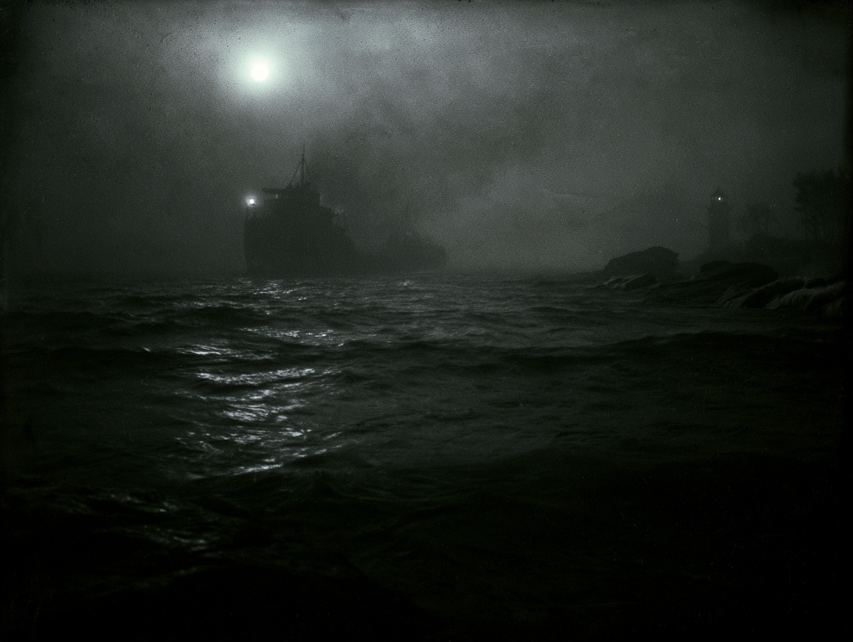 Phantom freighter on Lake Superior at night with fog, moonlight, ghostly running lights, and a haunted lighthouse shoreline.