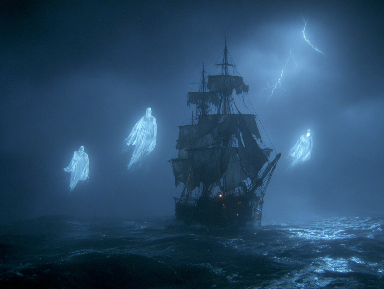 Mary Celeste ghost ship in foggy sea with tattered sails and eerie moonlight