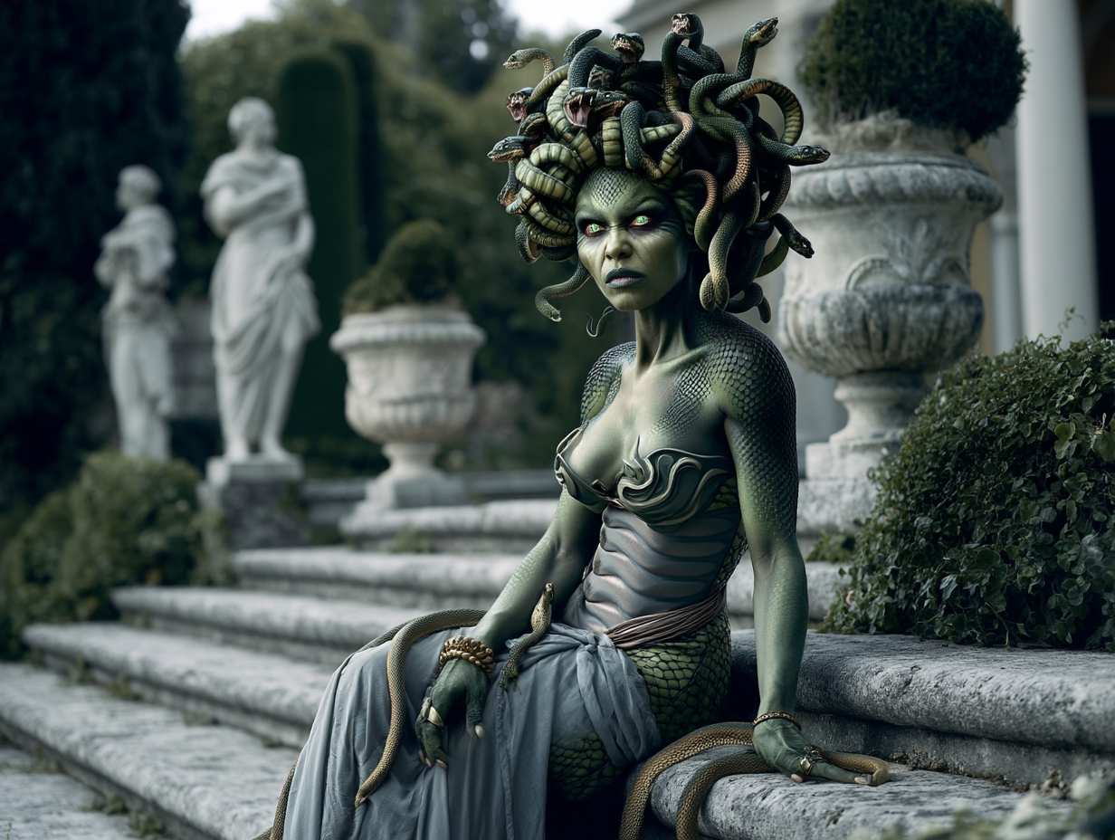 Medusa in high fashion with serpentine hair styled in an updo, wearing a shimmering gown on the steps of her large estate on marble steps surround by stone statues of male suiters.