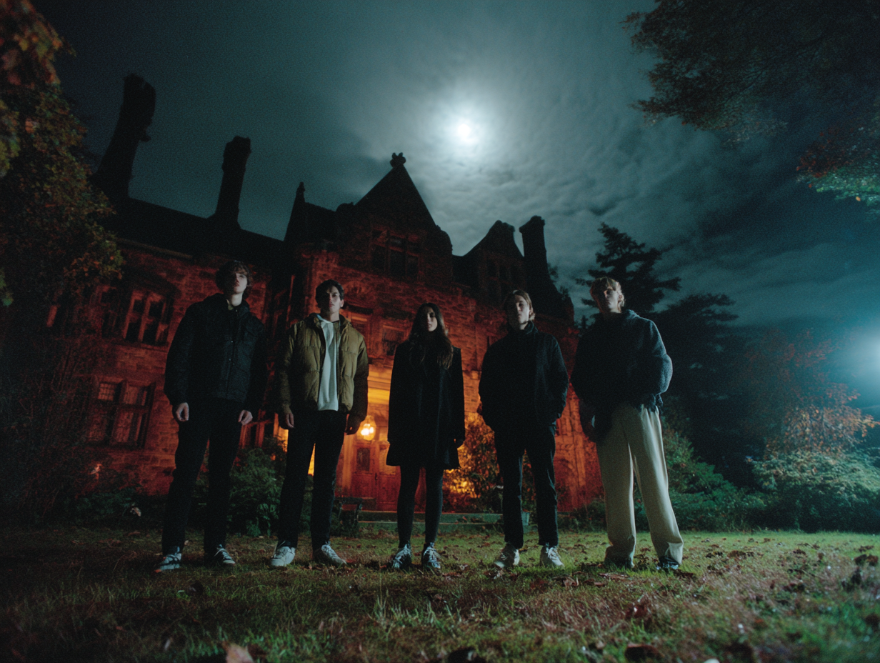 Millennials and Gen Z on a ghost tour at night in front of a haunted mansion with eerie moonlit shadows and a ghostly figure.