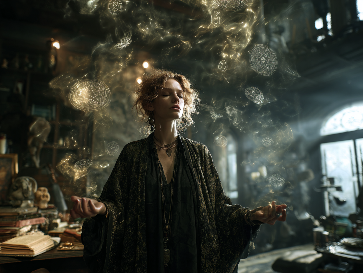 Modern witch casting a spell with glowing runes in a mystical room, symbolizing contemporary witchcraft.