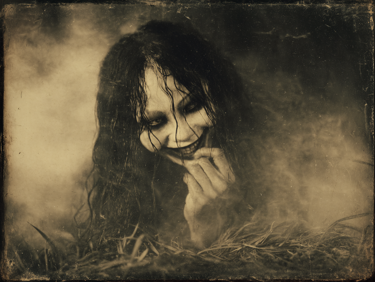 a dramatic scene of Okiku's ghost emerging from the well her hair wet and swampy, her eyes are black and her smile wide with demonic sharp teeth, her ethereal form surrounded by swirling mist, as she counts the plates with a sinister expression.