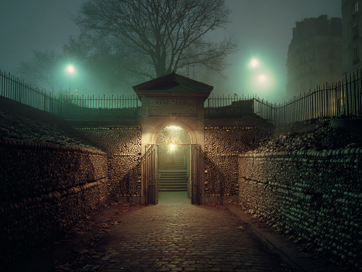 Eerie entrance to Paris Catacombs at night with fog and moonlight, adorned with skulls and bones.