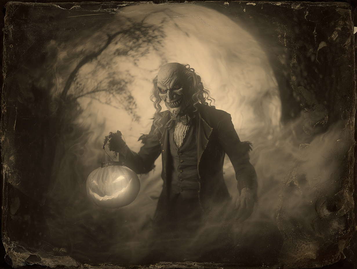 Spectral Stingy Jack with a sinister grin holding a glowing turnip lantern in a misty forest