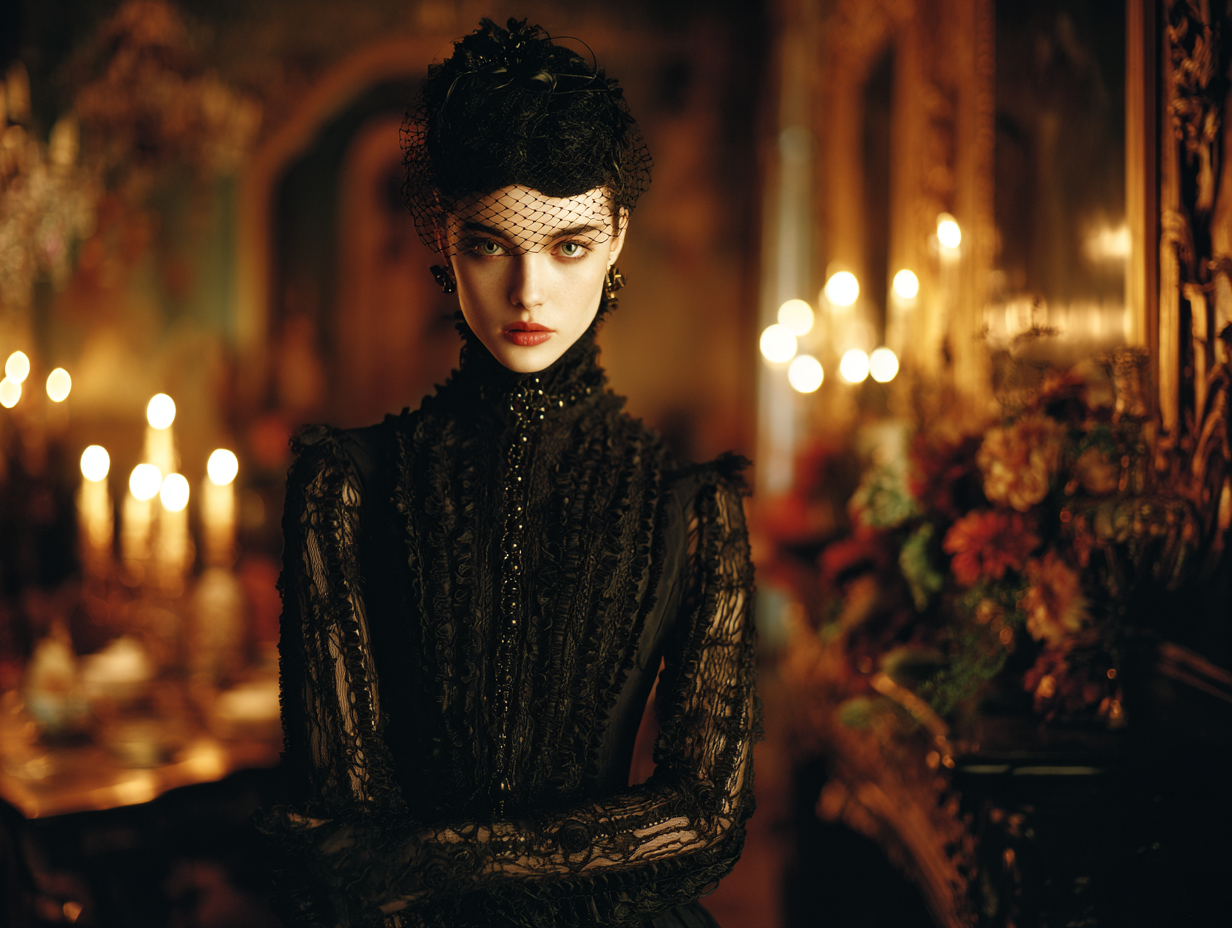 Victorian-inspired gothic fashion model in black lace and velvet in a dimly lit parlor