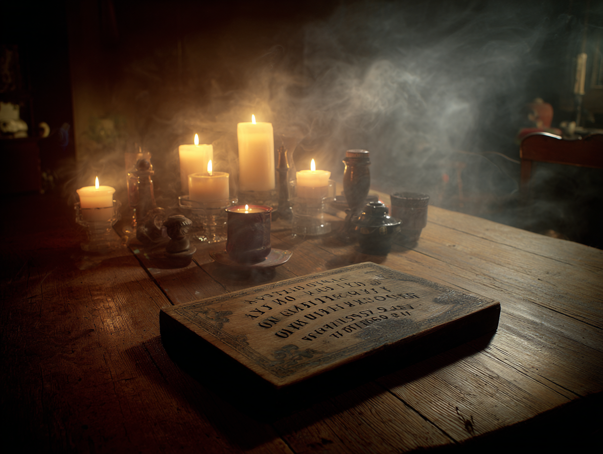 Vintage Ouija board on a wooden table with candles and ghostly mist