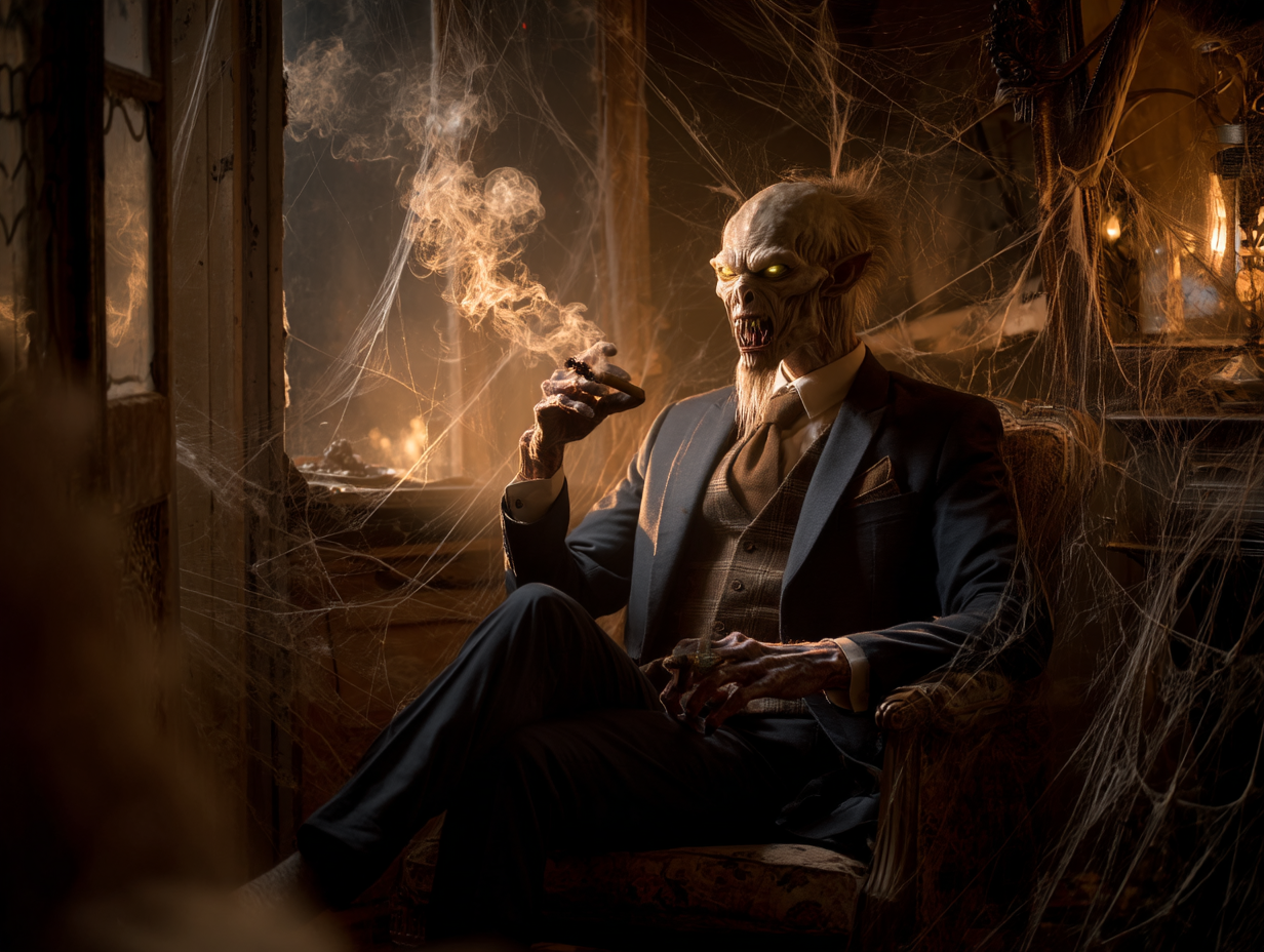 Wendigo in a bespoke suit with glowing ember eyes and antlers, exuding tragic elegance in a dimly lit room with cobwebs.