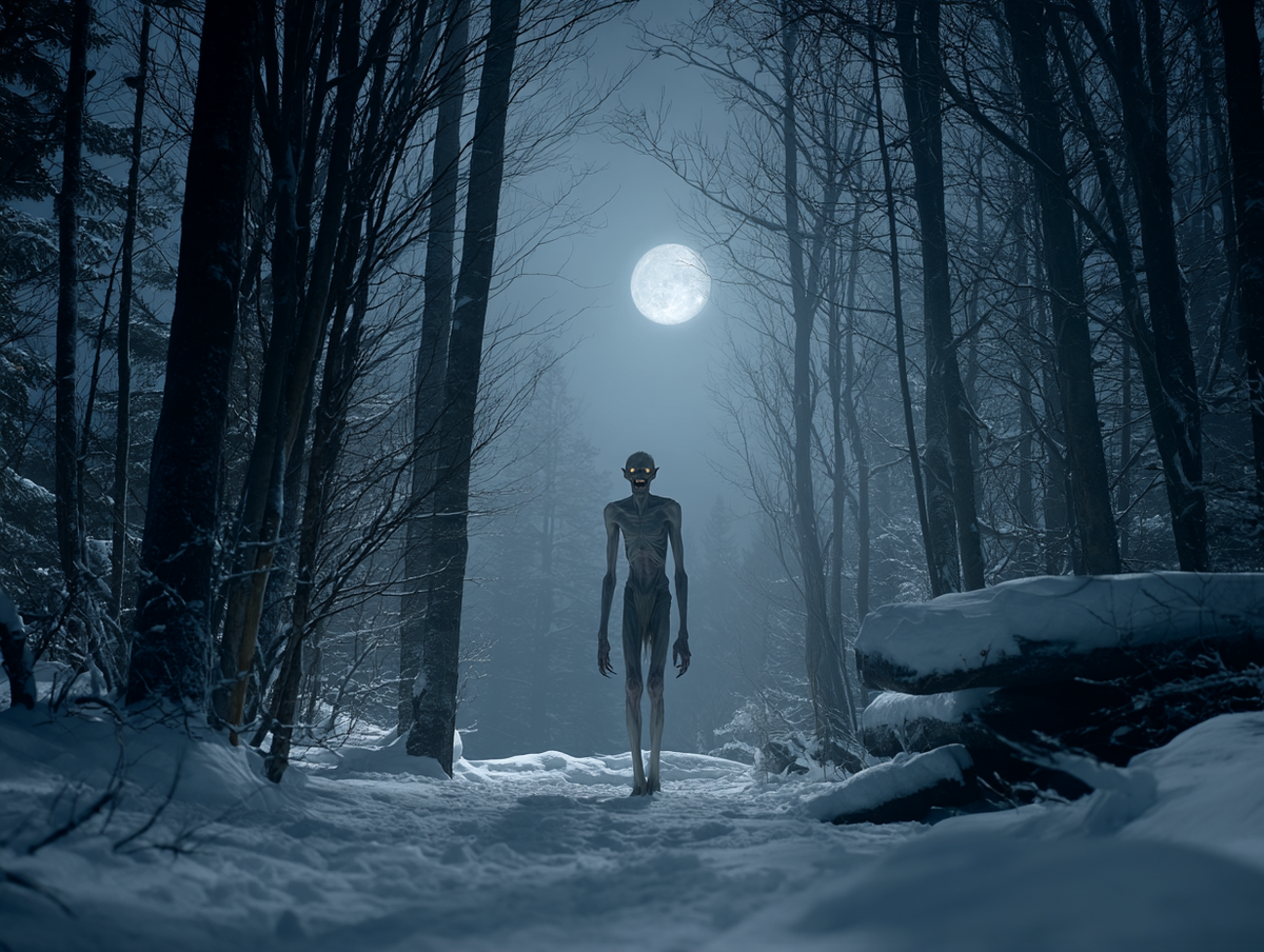 Eerie image of the Wendigo with glowing eyes in a snow-covered forest under a full moon.