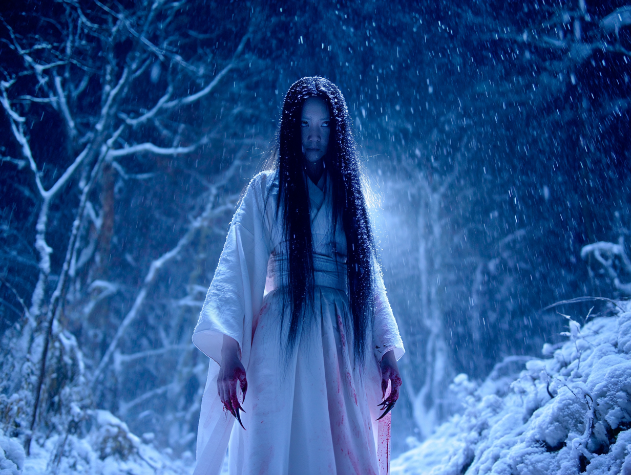 Yuki-Onna in a snow-covered forest under a full moon, wearing a white kimono with a ghostly aura.