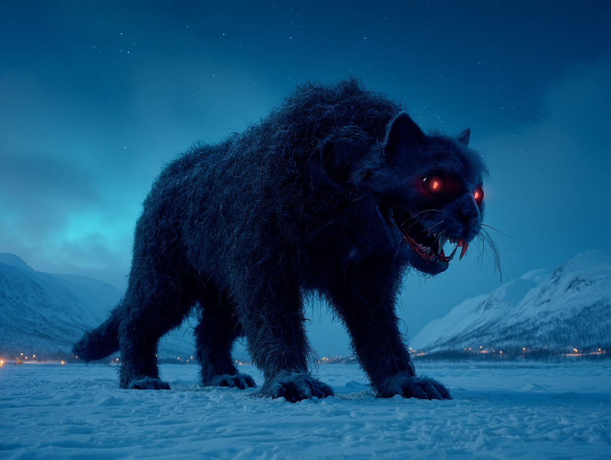 Terrifying Yule Cat with glowing eyes prowling snowy Iceland under aurora borealis