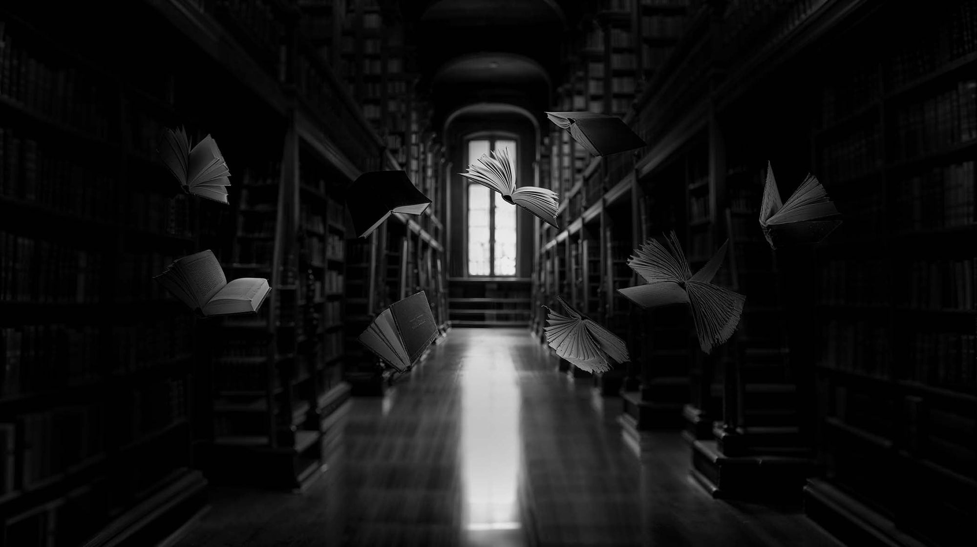 Haunted library with old books flying off the shelves