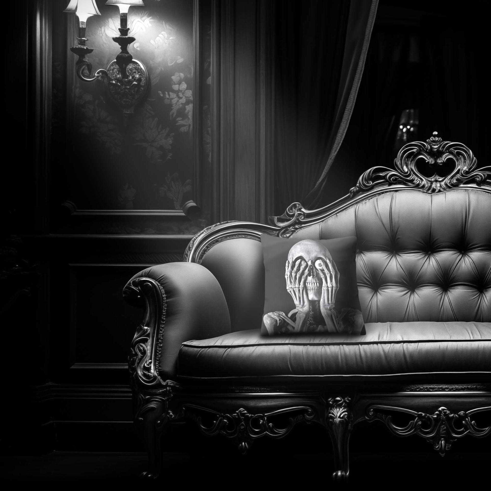 Skeleton Peekaboo pillow by Muahaha!  Black and white photo of the 16x16 faux suede pillow showing a skeleton's face resting on an antique couch in a victorian mansion.  The perfect spooky gift!
