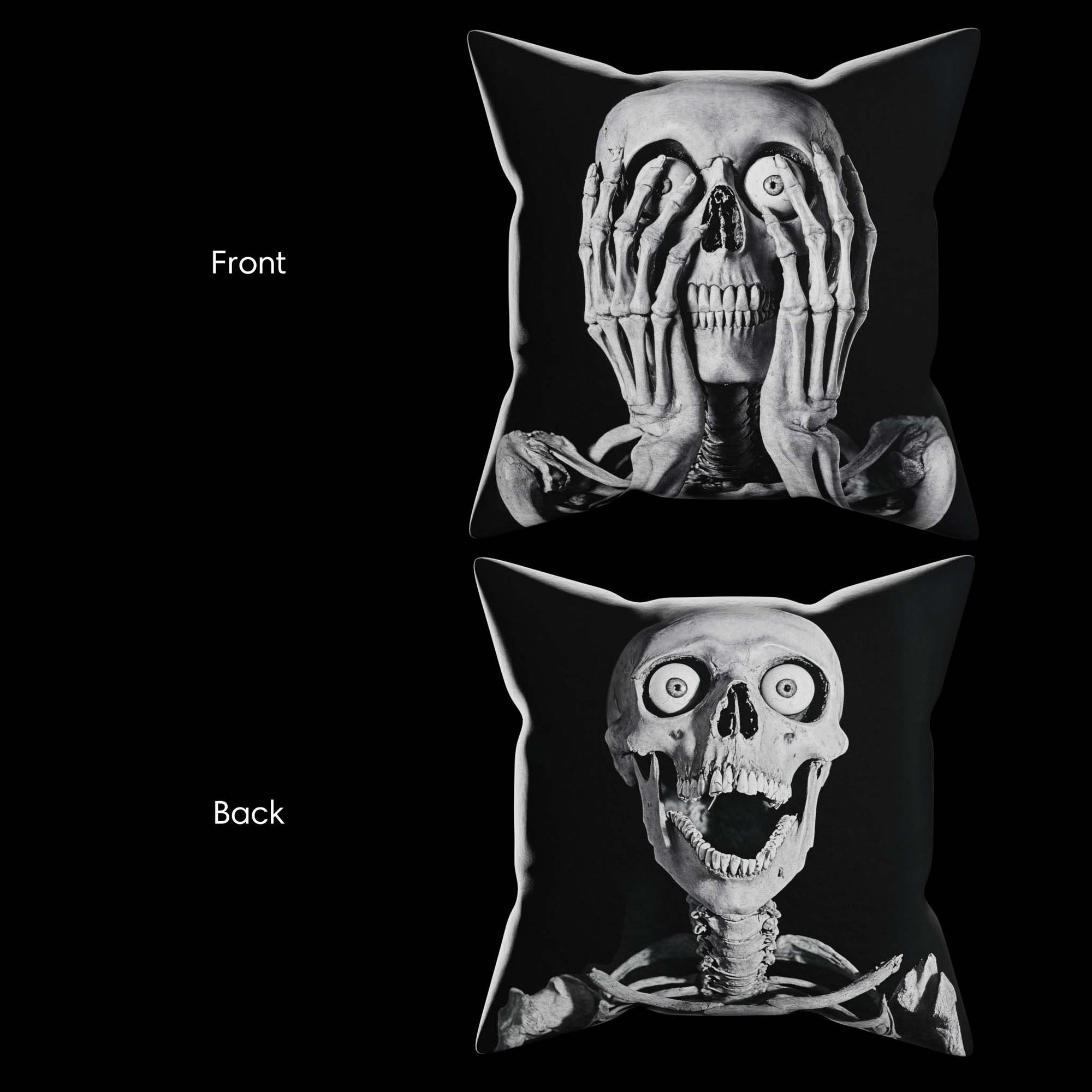 Image showing the front and back of Skeleton Peekaboo Pillow.  The front shows a skeleton with its hands covering his face.  The back shows the skeleton's diabolical face!  Black and white artwork on a 16x16 faux suede pillow.  The perfect spooky horror, goth decor gift from Muahaha!
