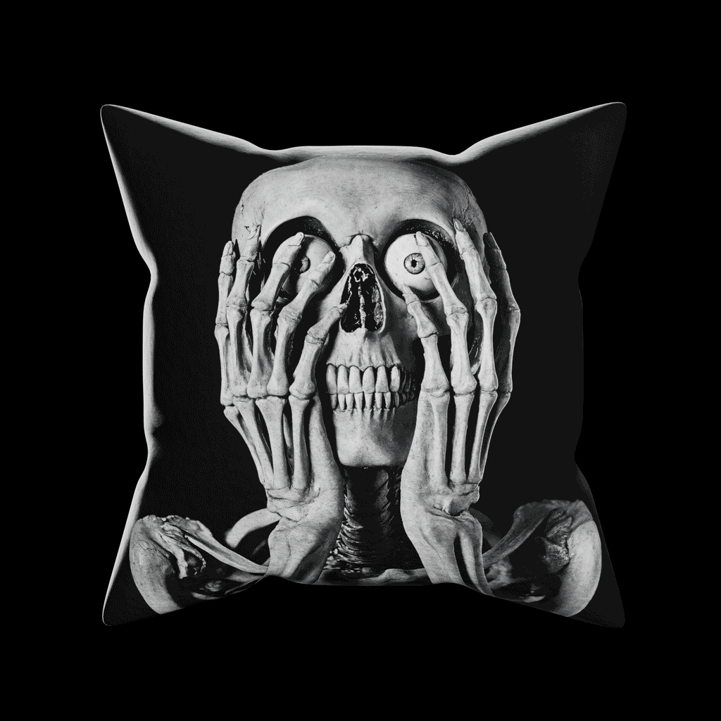 Image showing the front and back of Skeleton Peekaboo Pillow.  The front shows a skeleton with its hands covering his face.  The back shows the skeleton's diabolical face!  Black and white artwork on a 16x16 faux suede pillow.  The perfect spooky horror, goth decor gift from Muahaha!