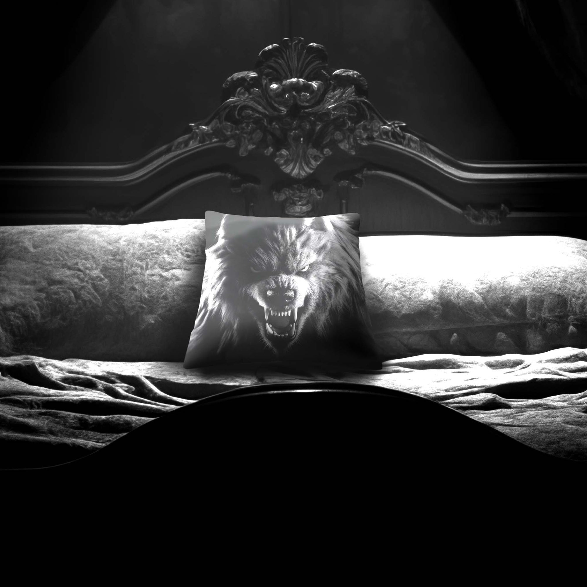 Werewolf Peekaboo pillow by Muahaha!  Black and white photo of the 16x16 faux suede pillow showing a Werewolf's face resting on an antique bed in a victorian mansion.  The perfect gothic, horror gift!