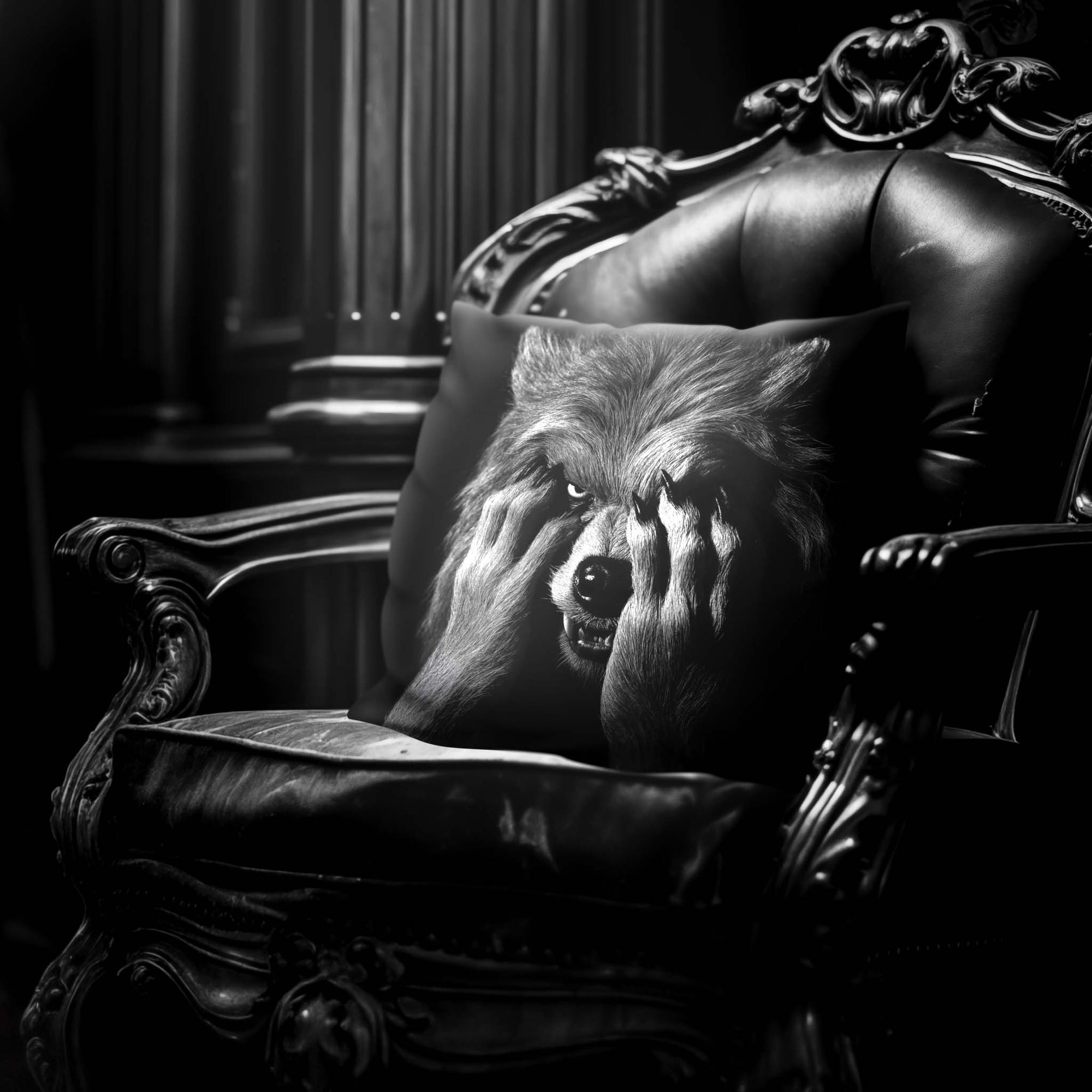 Werewolf Peekaboo pillow by Muahaha!  Black and white photo of the 16x16 faux suede pillow showing a Werewolf's face resting on an antique arm chair in a victorian mansion.  The perfect Halloween gift!
