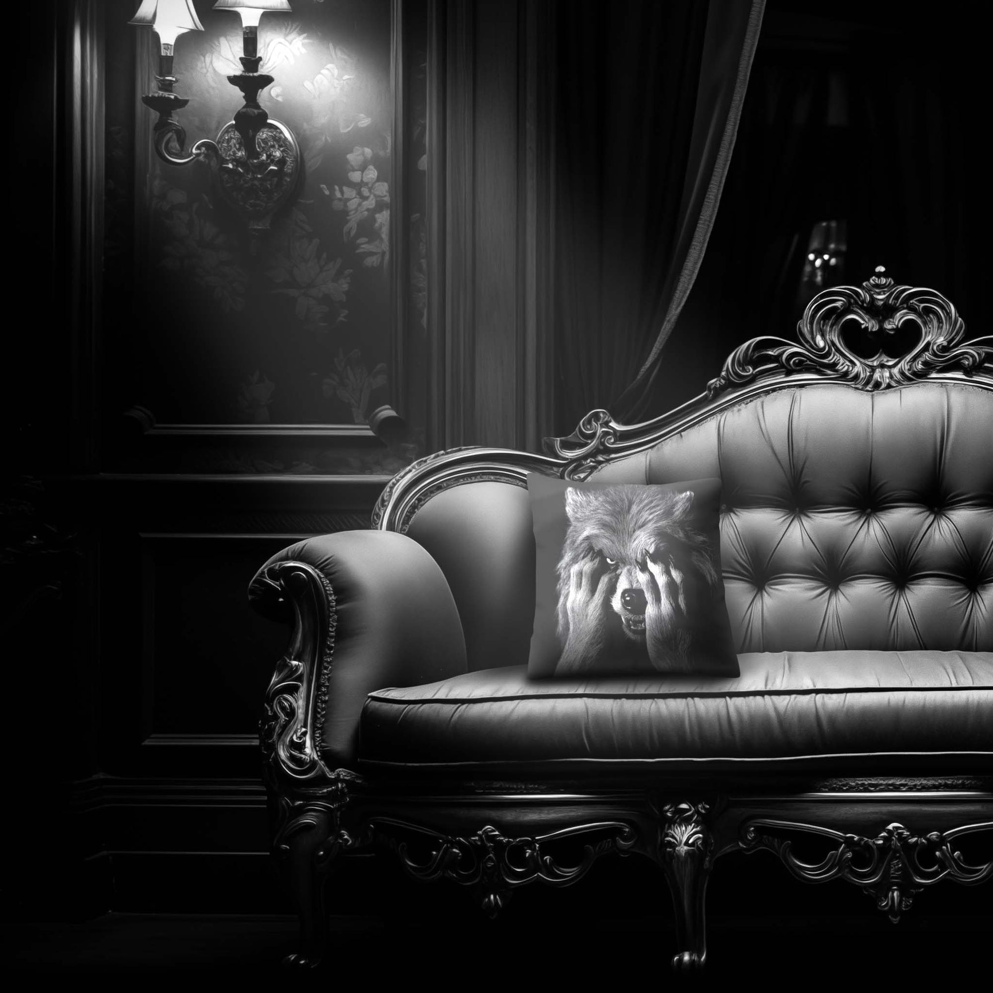 Skeleton Peekaboo pillow by Muahaha!  Black and white photo of the 16x16 faux suede pillow showing a sWerewolf's face resting on an antique couch in a victorian mansion.  The perfect spooky gift!
