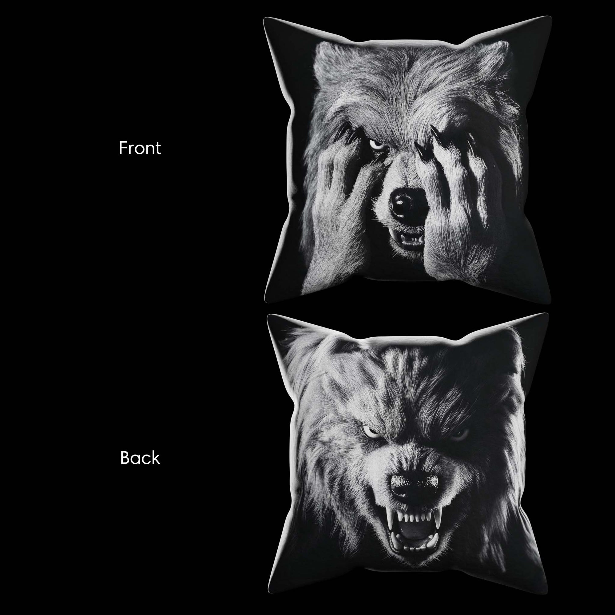 Image showing the front and back of Werewolf Peekaboo Pillow.  The front shows a Werewolf with its hands covering his face.  The back shows the skeleton's diabolical face!  Black and white artwork on a 16x16 faux suede pillow.  The perfect spooky horror, goth decor gift from Muahaha!