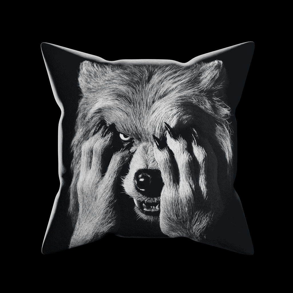 A gif shows Werewolf Peekaboo Pillow animating from front to back.  On the front is a closeup of a Werewolf with its hands covering his face.  Flip the pillow to reveal the Werewolf's snarling face.  Black and white artwork on a 16x16 faux suede pillow.  The perfect spooky, Halloween gift!